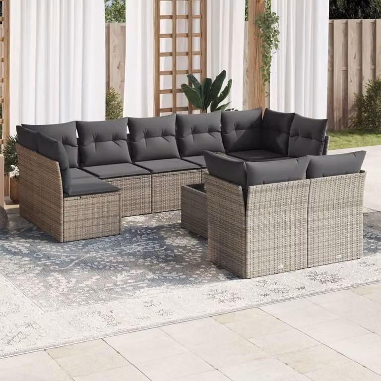 Set Divano da Giardino vidaXL 10 pz con Cuscini Grigio in Polyrattan e Tavolino da Esterno
