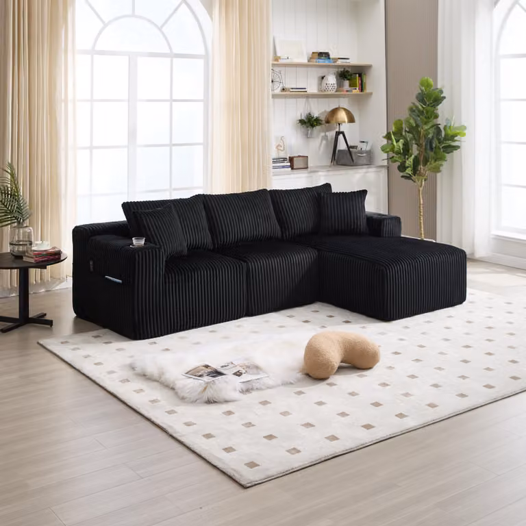 LVHOM Divano modulare con funzione letto, divano angolare con rivestimento in velluto a coste, 3 posti con cuscini, divano letto senza montaggio, divano lounge 257x80x160cm, nero