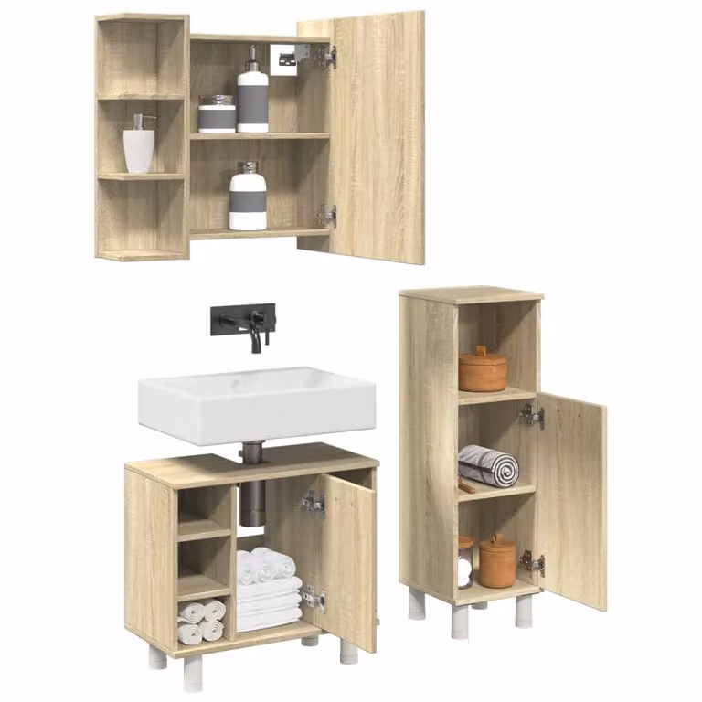 Set di mobili da bagno moderno vidaXL in legno multistrato marrone composto da 3 pezzi con armadietto specchio, mobile laterale e base lavabo
