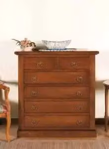 cassettiera settimino in legno arte povera noce scuro 4 + 2 larga con anelli