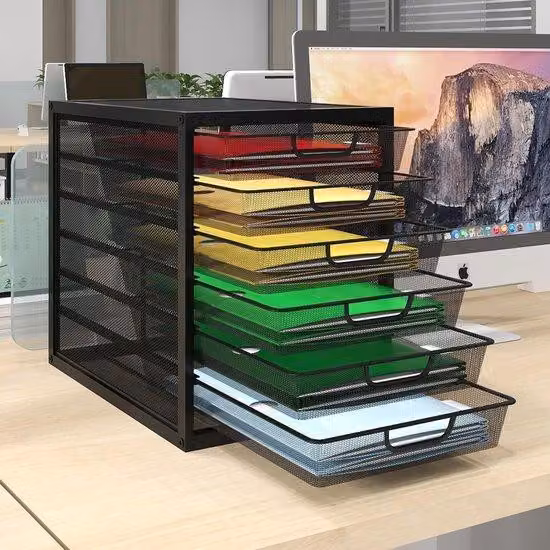 Organizer da scrivania a 6 cassetti per documenti A4, contenitore da scrivania con scomparto di smistamento per documenti e fermagli metallici, nero