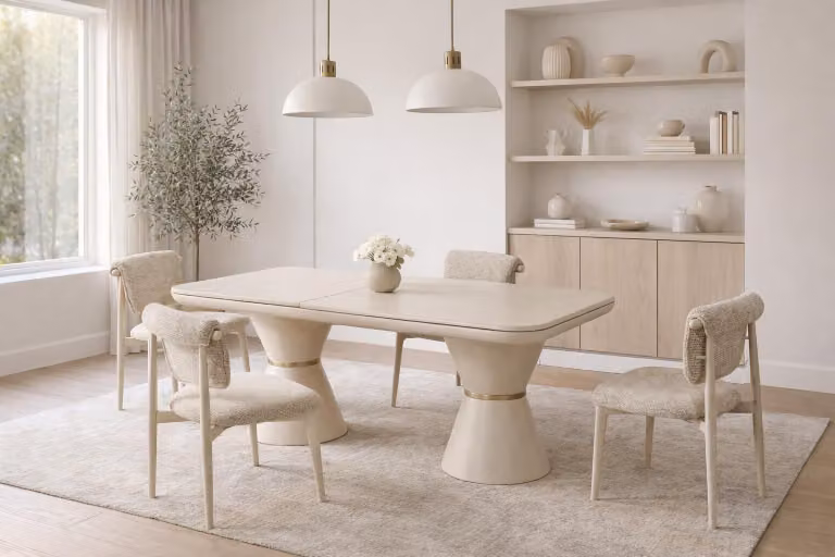 Elegante tavolo da pranzo color beige. Tavolo in legno di alta qualità. Mobili di pregio