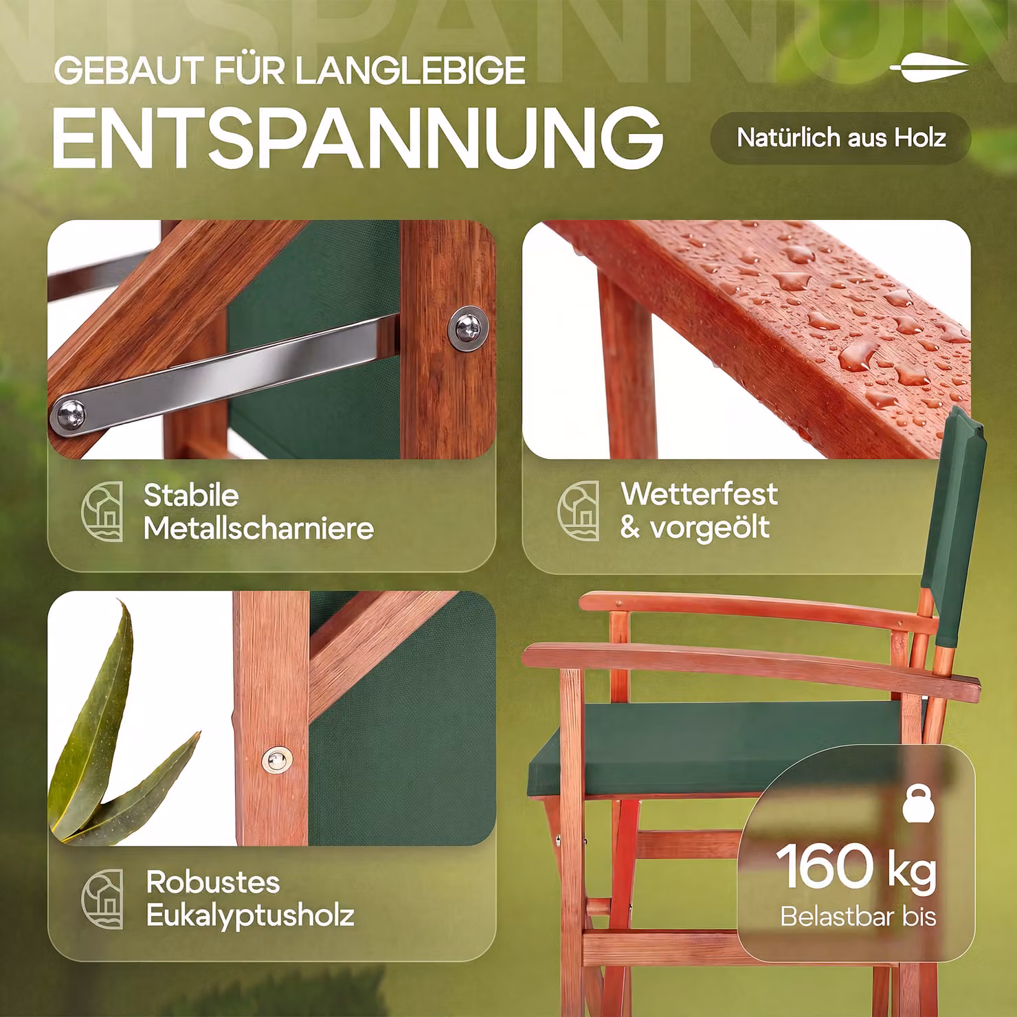 Set da 2 sedie regista Casaria in legno di eucalipto FSC verde con cuscini inclusi e braccioli – 2