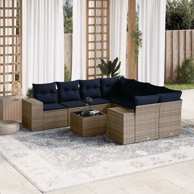 Set Divani da Giardino 9 pz con Cuscini Grigio in Polyrattan 3222360