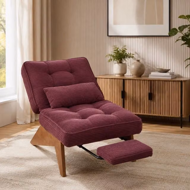 Poltrona relax ULEVR con schienale regolabile, cuscino lombare e gambe in legno, velluto a coste rosso vinaccia