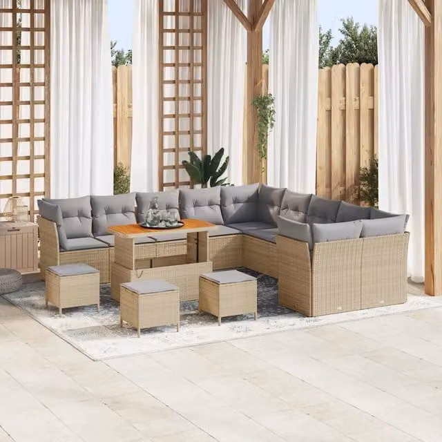 vidaXL Set Divano da Giardino 14 pz a forma di U in Polyrattan con Cuscini Beige e Grigio – 1