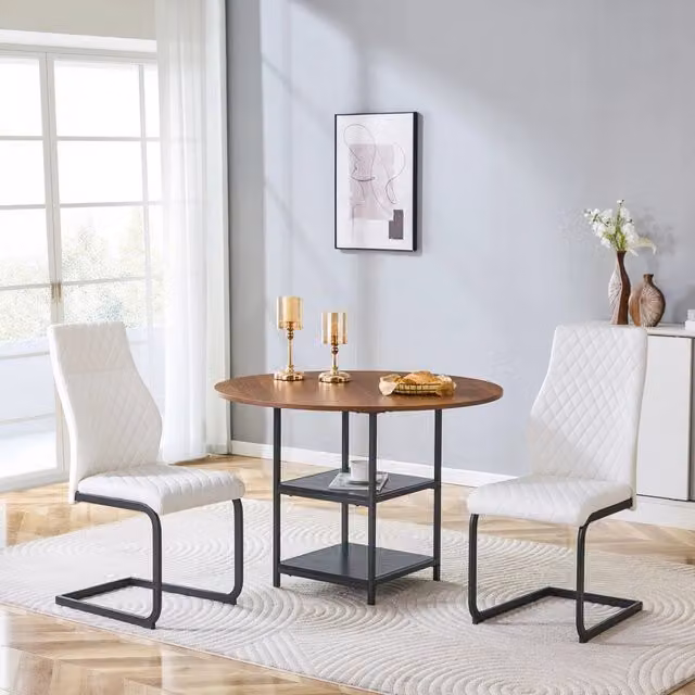 Tavolo da pranzo rotondo con 2 ripiani e 2 sedie, in MDF e metallo, bianco e noce, per cucina e soggiorno, 107 cm