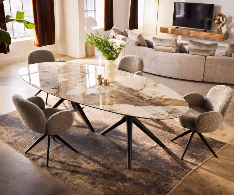 DELIFE Tavolo da pranzo Edge ovale, 280x130 cm, piano in Vetroceramica Minas Melange, finitura bianco-beige Estelar, base circolare in metallo nero