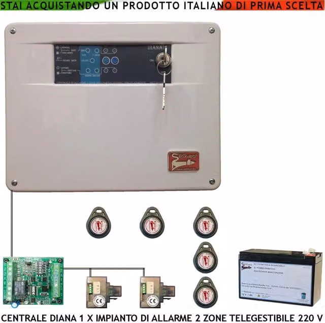 Centrale Antifurto Securvera Diana 2 Zone con 5 Chiavi, 2 Lettori, 2 Meccaniche e Batteria 12V 7Ah per Impianto Via Filo e GSM, Colore Bianco – 1