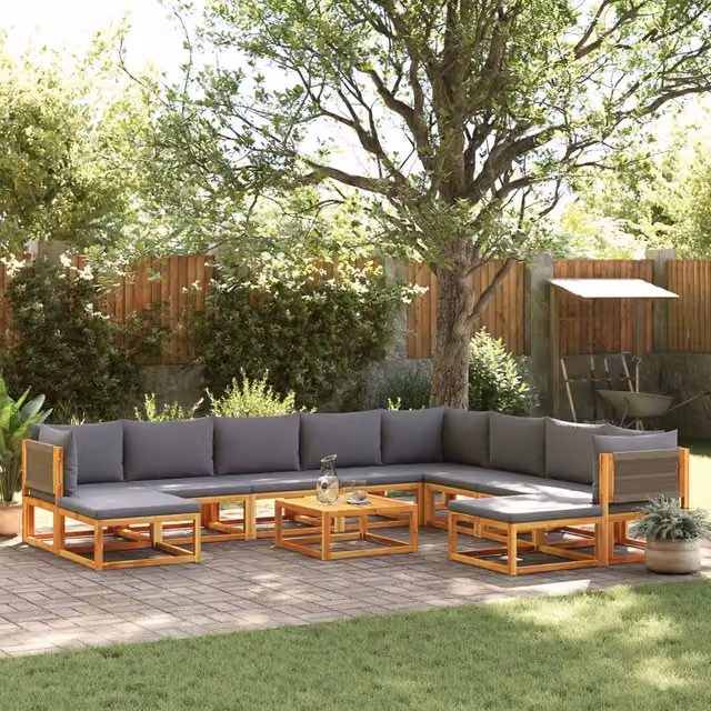 Set di divani da giardino vidaXL a forma di U composto da 11 pezzi in legno di acacia oliato con cuscini grigi e tavolino da esterno – 1