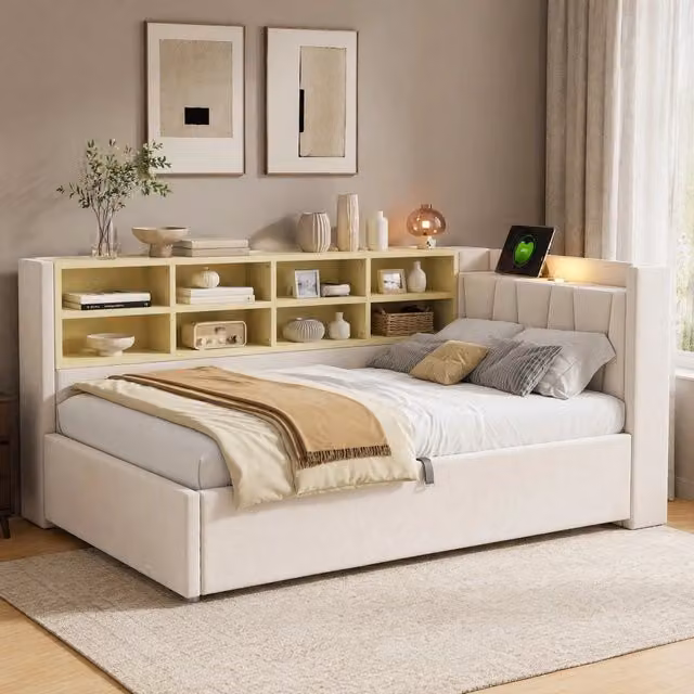 Letto imbottito multifunzione 90x200 cm con contenitore idraulico, luce notturna, porte USB e Type-C, ripiani e testiera in velluto beige