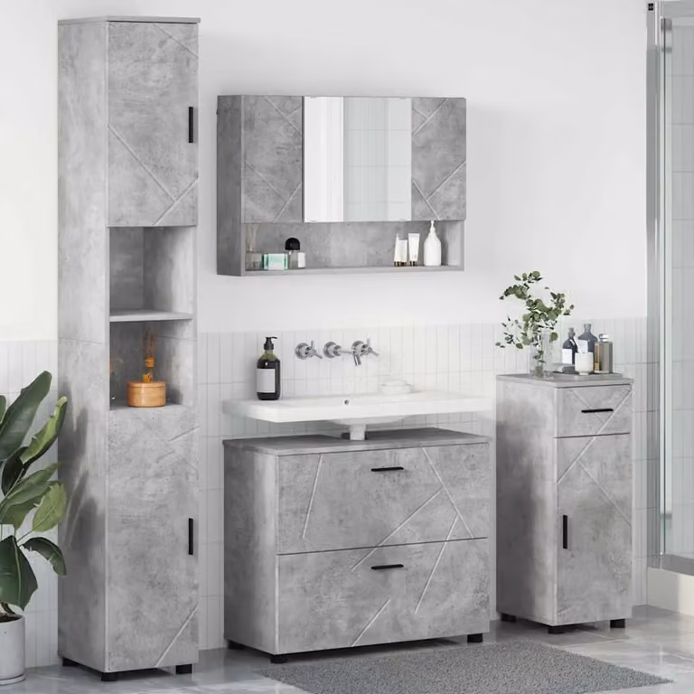 Set di mobili per il bagno vidaXL 4 pezzi in legno e metallo grigio e nero, L/P/H: 35 x 30 x 192 cm