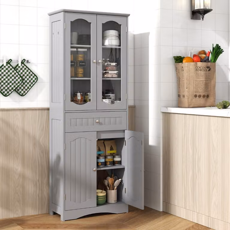 Armadio da bagno e cucina Costway alto 160 cm con ante in vetro, ripiani regolabili e cassetto, Grigio