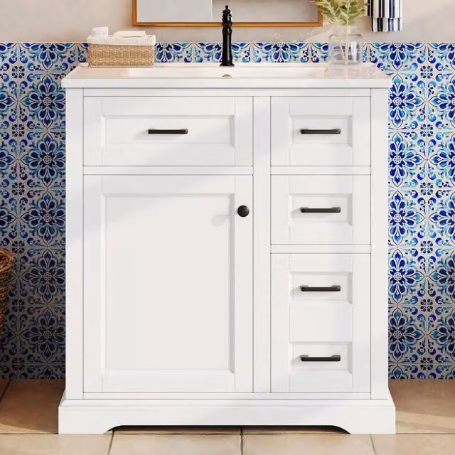 Mobile sottolavabo con 1 anta, 4 cassetti e lavabo in ceramica, per bagno, in MDF e ceramica, bianco, 76 × 47 × 82 cm