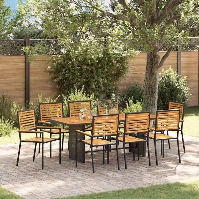 Set da pranzo per giardino e terrazzo vidaXL in polyrattan e legno di acacia, 9 pezzi, Nero e Marrone – 1