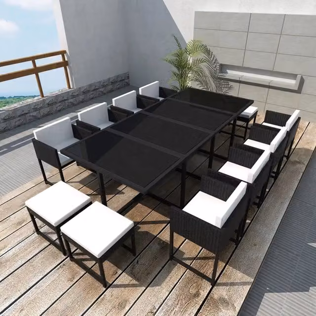 Set da Pranzo da Giardino 13 pz con Cuscini in Polyrattan Nero 42761