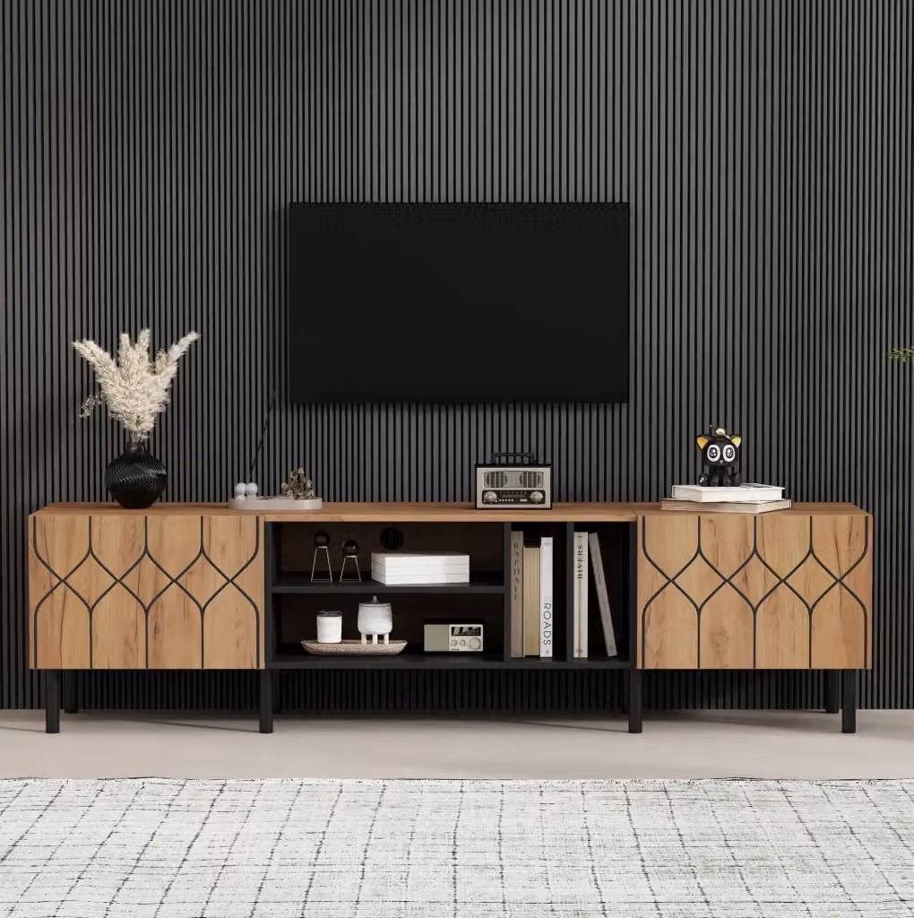 Mobile TV moderno MODFU in legno e MDF, beige, nero e marrone, L/P/H: 180 x 40 x 50 cm – 2