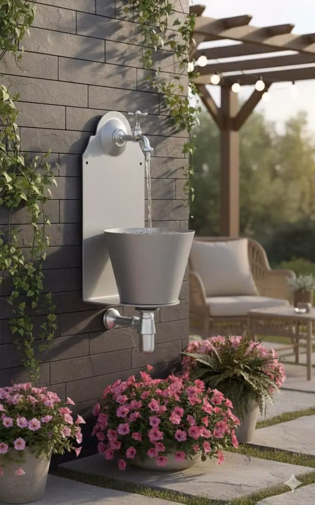 Fontana da giardino a parete Belfer 42/PR in alluminio e acciaio color argento con rubinetto, forma rettangolare L: 50 cm, H: 25 cm, P: 23 cm – 2