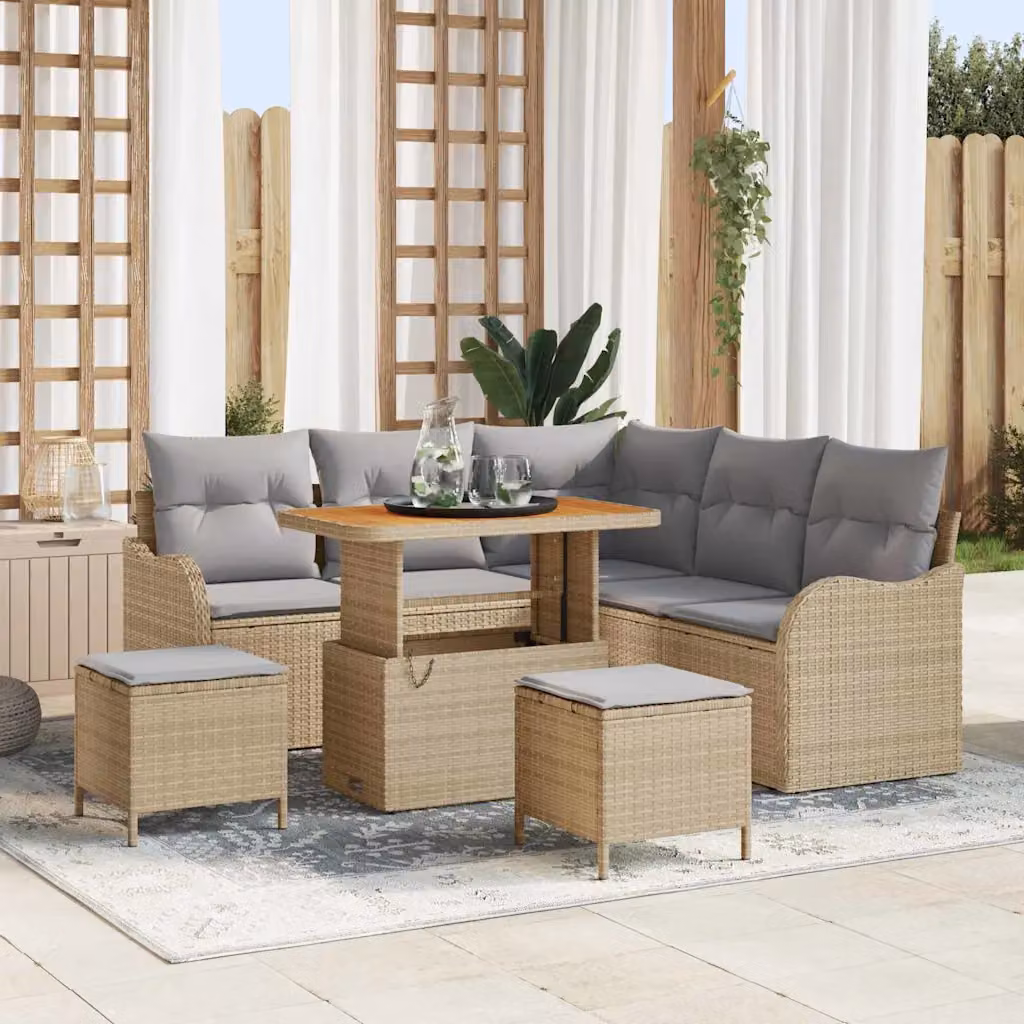 Set Divano da Giardino vidaXL 8 Pezzi Beige con Poltroncina, Tavolino e Cuscini in Polyrattan e Acciaio