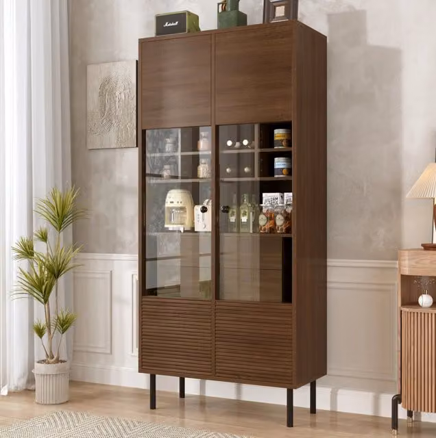 Vetrina ULEVR 75,5x35x164,5 cm con ante in vetro, cassetti nascosti e ripiani, MDF effetto noce