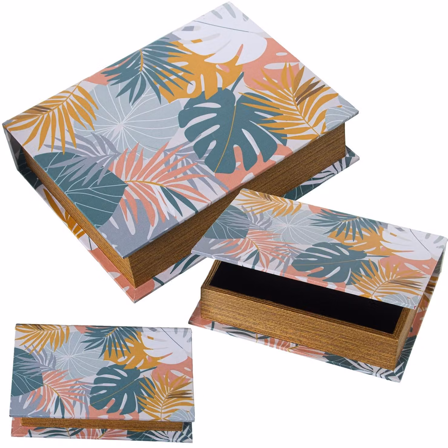 3 scatole portaoggetti in MDF e tela di poliestere con motivo a foglie, dimensioni 30 x 24 x 8 cm