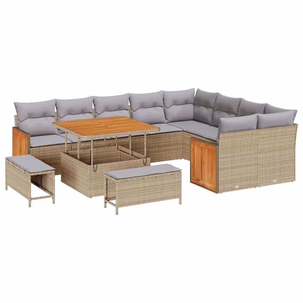 Set Divano da Giardino Moderno vidaXL in Acciaio e Tessuto con Cuscini Beige e Grigio, 13 Pezzi con Elementi Angolari, Ottoman e Tavolino da Caffè – 2