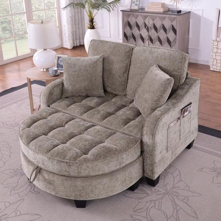 Divano letto multifunzionale 2 in 1 con poggiapiedi, tessuto traspirante, struttura in legno di eucalipto, ideale per soggiorno, studio e camera da letto, marrone