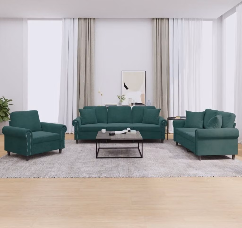 Maison Exclusive - Set divano a 3 pezzi con cuscini in velluto verde scuro