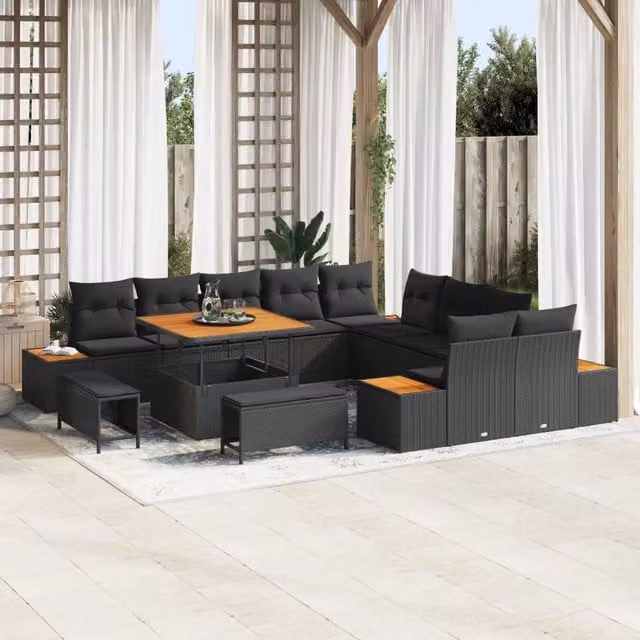 Set Divano da Giardino vidaXL a Forma a U in Polyrattan Nero con Cuscini e Tavolino – 1