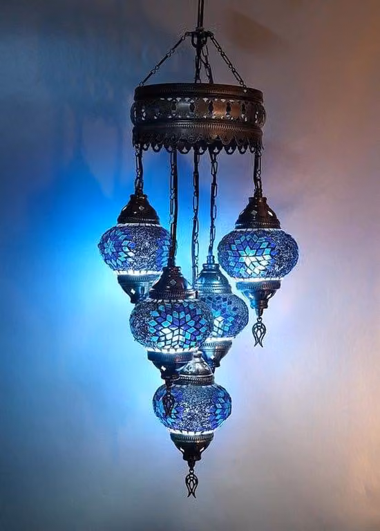 Lampada a sospensione turca a 5 luci in vetro mosaico blu – lampada da soffitto orientale dal design unico