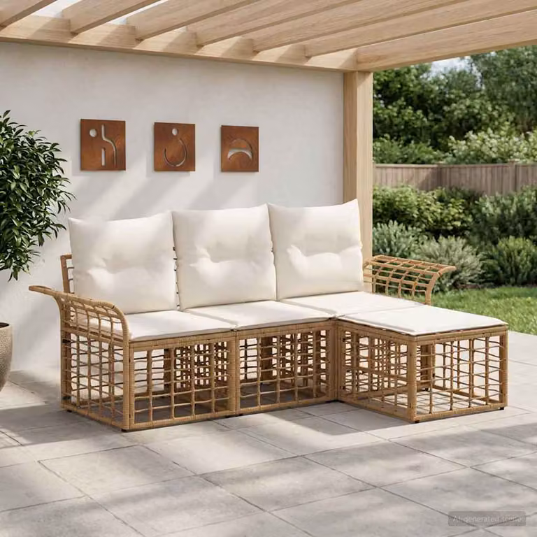 Set di divani da esterno vidaXL 4 pz con pouf, design moderno a L in stile rattan con struttura in acciaio verniciato e cuscini inclusi, beige e bianco