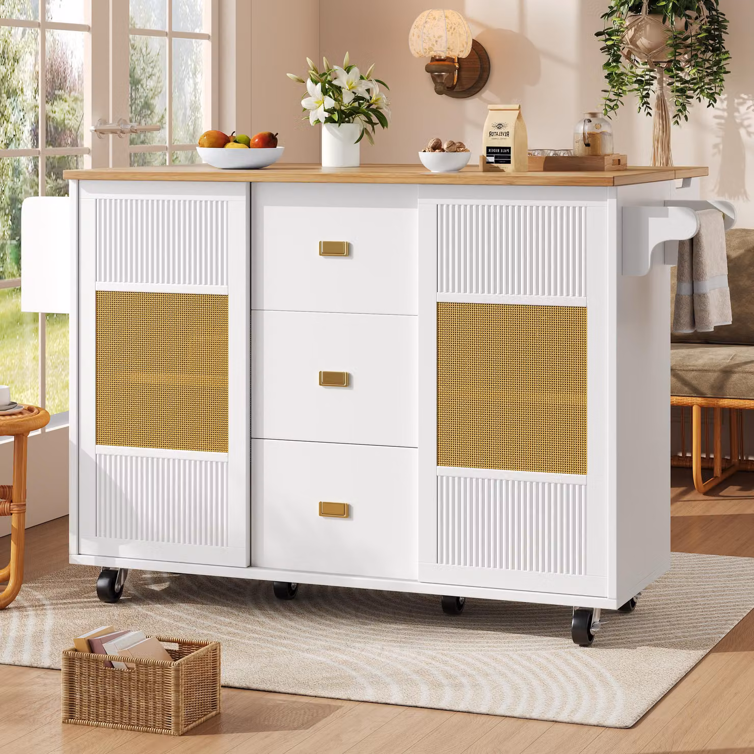 Fortuna Lai Isola cucina, mobili da cucina, armadio da cucina Isola cucina indipendente, credenza, 120x73(45)x90 cm, carrello da cucina estraibile con rotelle, portasciugamani, scaffale per spezie, ripiani regolabili, bianco