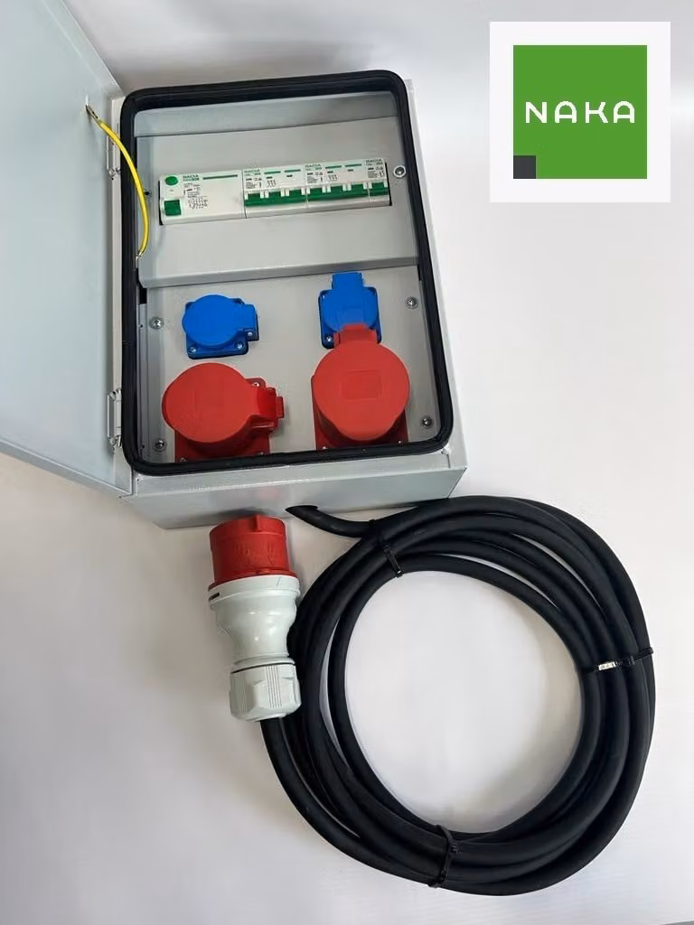 Distributore di corrente da parete in metallo IP54, CEE 32 A, 16 A, 2x230 V con fusibili, interruttore differenziale e cavo da 5 m, 94V-5