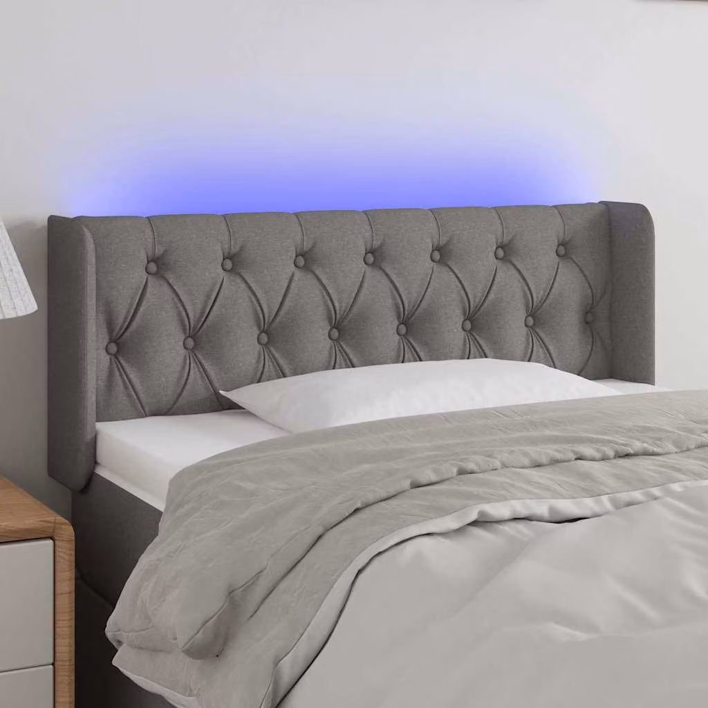 Testiera per letto vidaXL in tessuto grigio scuro con illuminazione LED e porta USB, L 103 cm, P 16 cm, H 78-88 cm