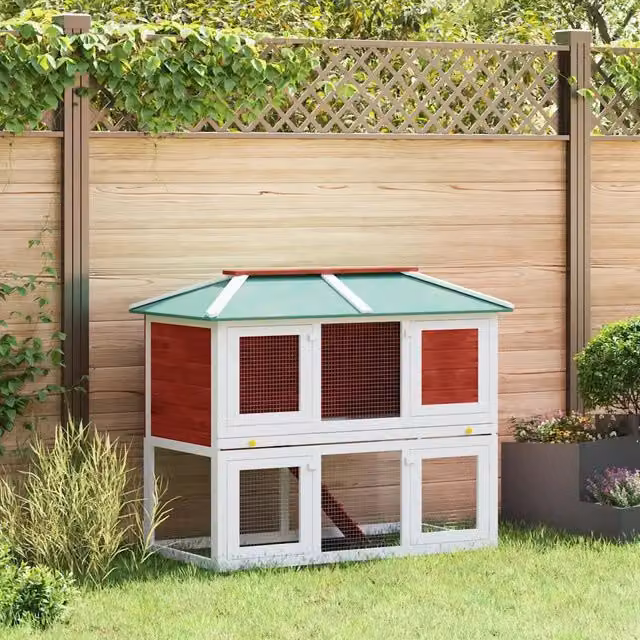 Conigliera a due piani vidaXL in legno di abete laccato rossa e bianca resistente alle intemperie per piccoli animali da giardino