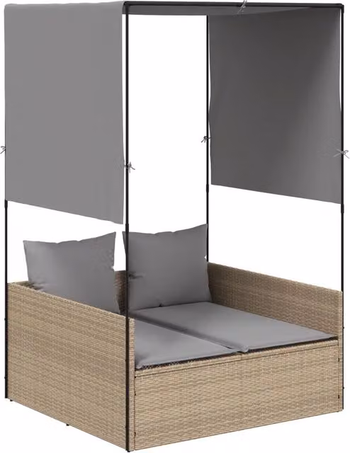 Lettino Prendisole | Sdraio da giardino | Lettino da sole con Tetto e Tende Beige in Polyrattan