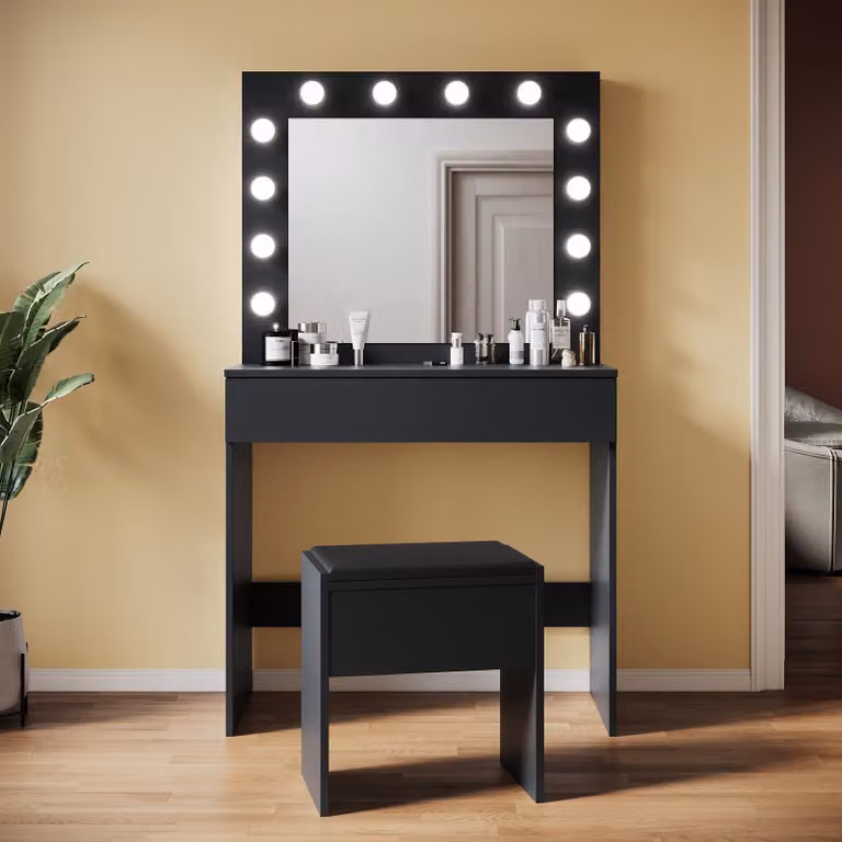 SONNI tavolo da toilette nero 80x40x140cm Tavolo da toilette a luce LED con luminosità regolabile con specchio e cassetto