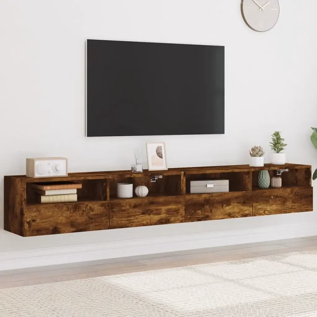 Set di 2 Mobili TV da Parete in Legno Multistrato Rovere Fumo, L 100 x P 30 x H 30 cm – 2