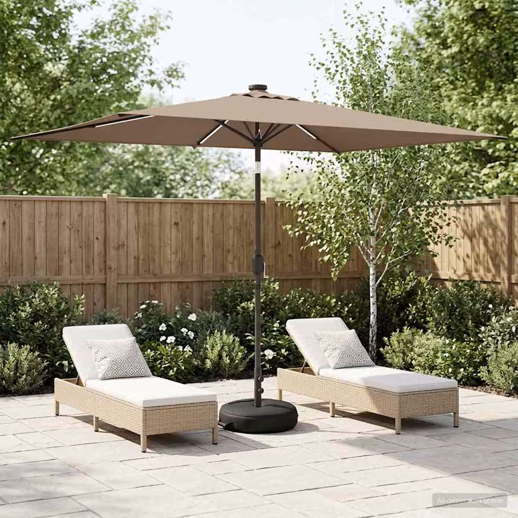 Parasol da giardino con luci LED e base vidaXL in poliestere, L: 300 cm, P: 200 cm