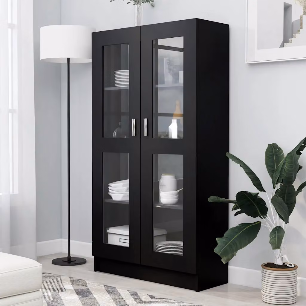 Armadietto con Vetrina vidaXL Nero con Ante in Vetro e Ripiani Interni, L/P/H: 82,5 x 30,5 x 150 cm – 1