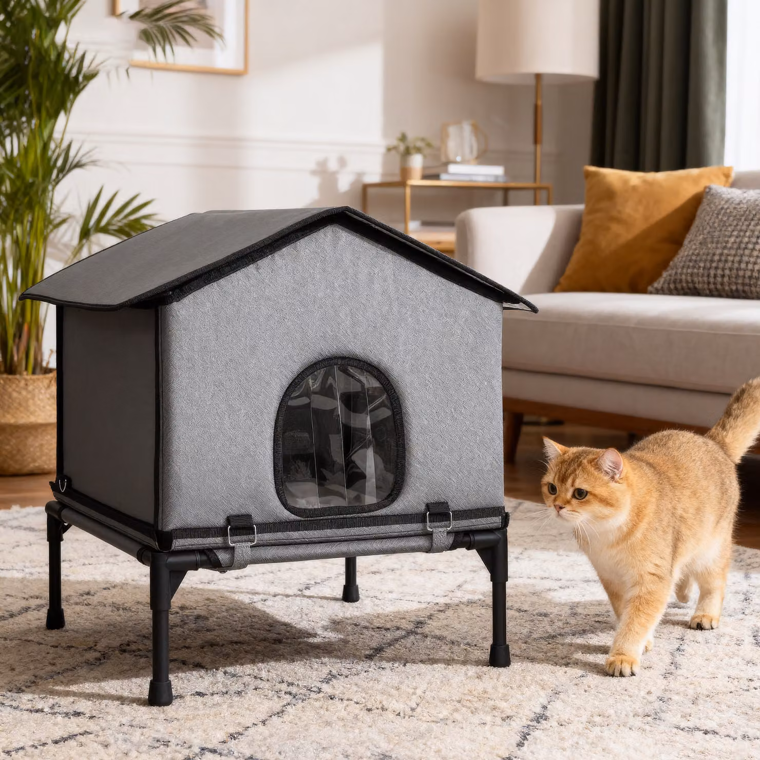 Casetta pieghevole per gatti PawHut con cuscino e lettino rialzato, Grigio, L: 62 cm, P: 58,5 cm, H: 60 cm – 2