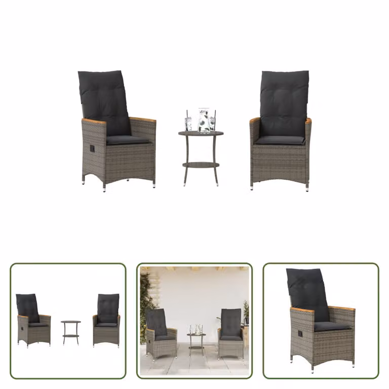 The Living Store Set bistrot 3 pezzi con cuscini in poly rattan grigio