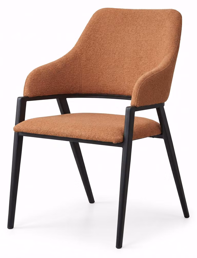 Sedia da pranzo moderna in stile organico, colore arancione terracotta, tessuto, con braccioli