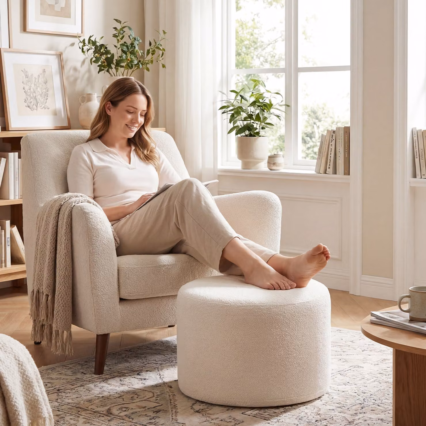 Pouf ottomano rotondo Costway in tessuto bouclé beige e bianco, poggiapiedi moderno imbottito con copertura rimovibile, Diametro: 45 cm, Altezza: 35 cm