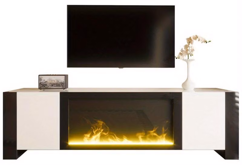Mobile TV con camino elettrico – 165 cm – Bianco e nero lucido – Portata massima: 60 kg