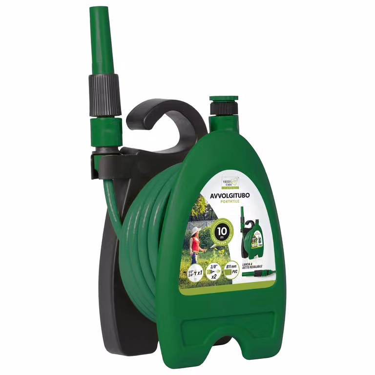 Avvolgitubo Portatile Vestiamo Casa Giardino Verde con Tubo da 10 Metri e Supporto a Parete