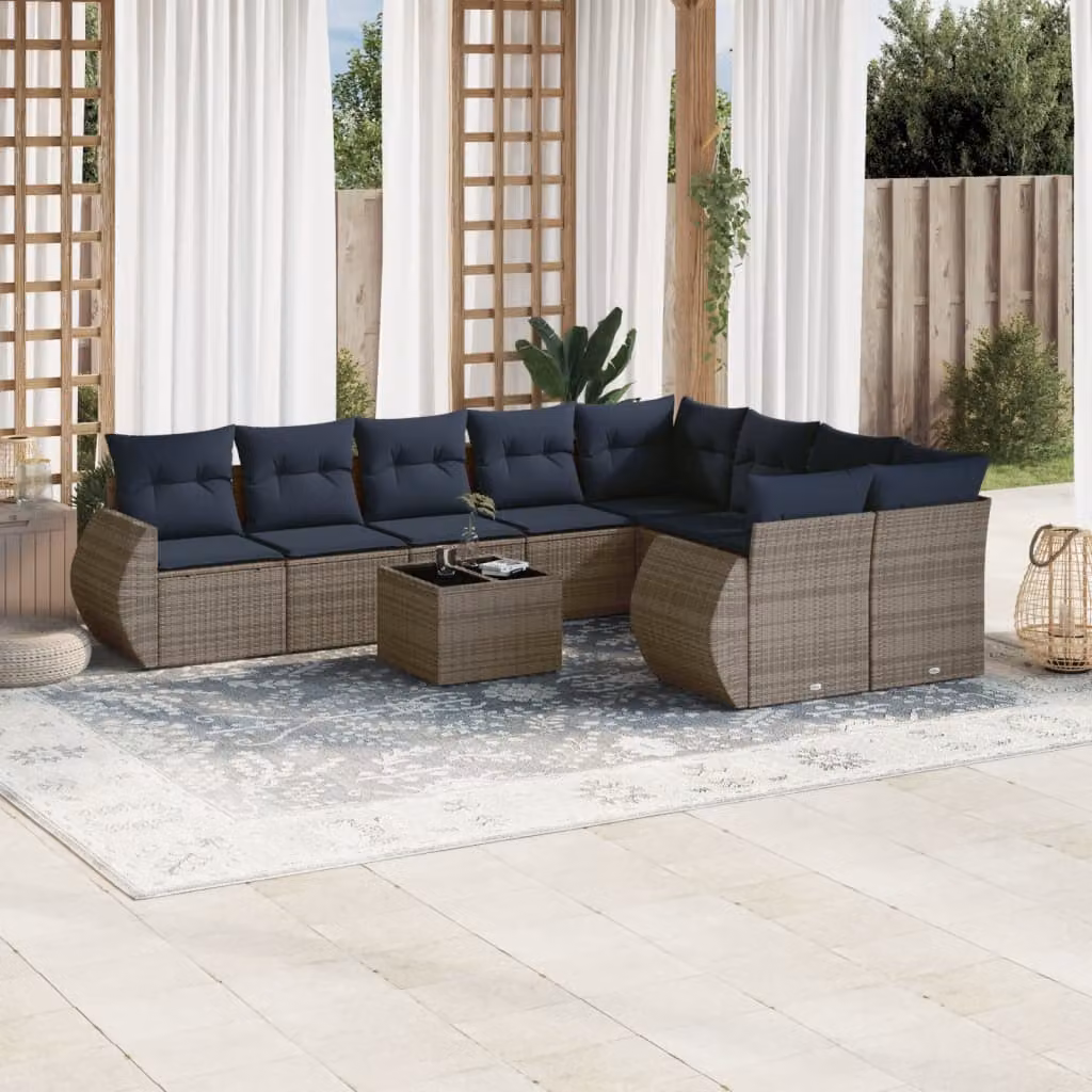 Set di divani da giardino vidaXL 10 pezzi con cuscini e tavolino da esterno, design moderno a L in rattan grigio e blu con struttura in acciaio e vetro