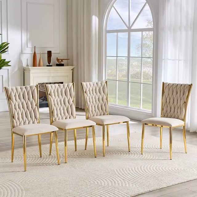 Set 2 Sedie da Pranzo Imbottite ¨C Minimal ¨C Velluto Beige, Gambe Metallo Oro, Design Moderno per Sala Cucina Soggiorno