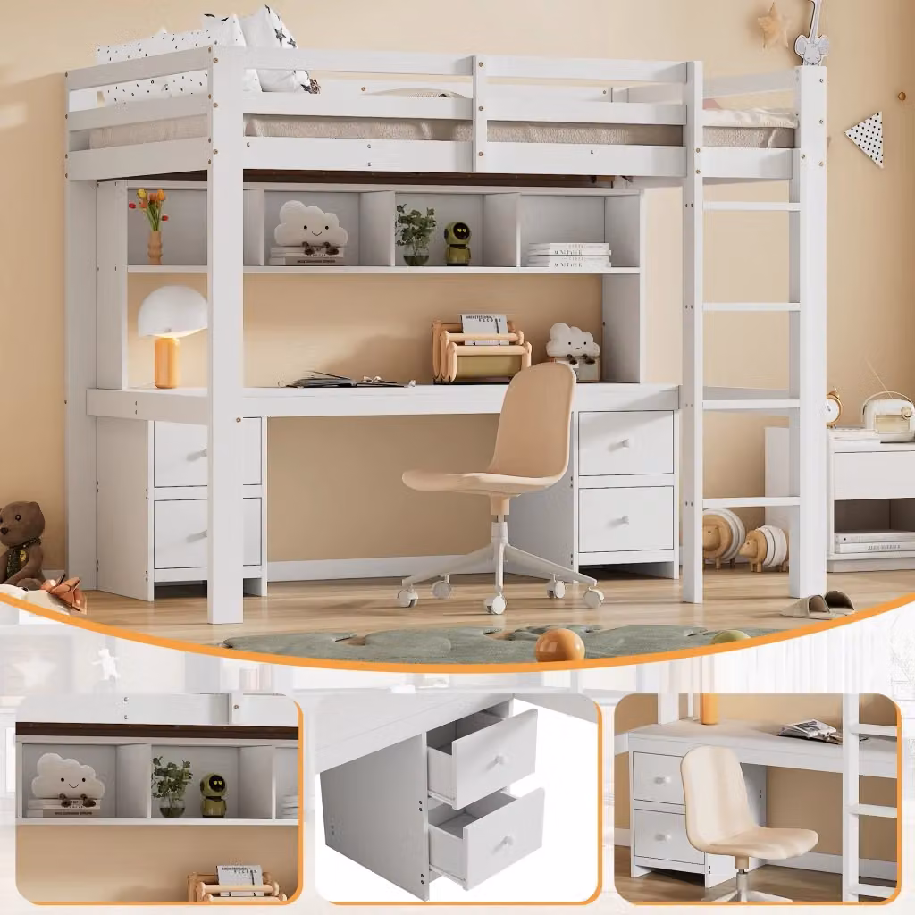 Letto a Soppalco Singolo Chicfurn Bianco con Scrivania e Compartimenti Laterali L/P/H: 200 x 90 x 167 cm – 2