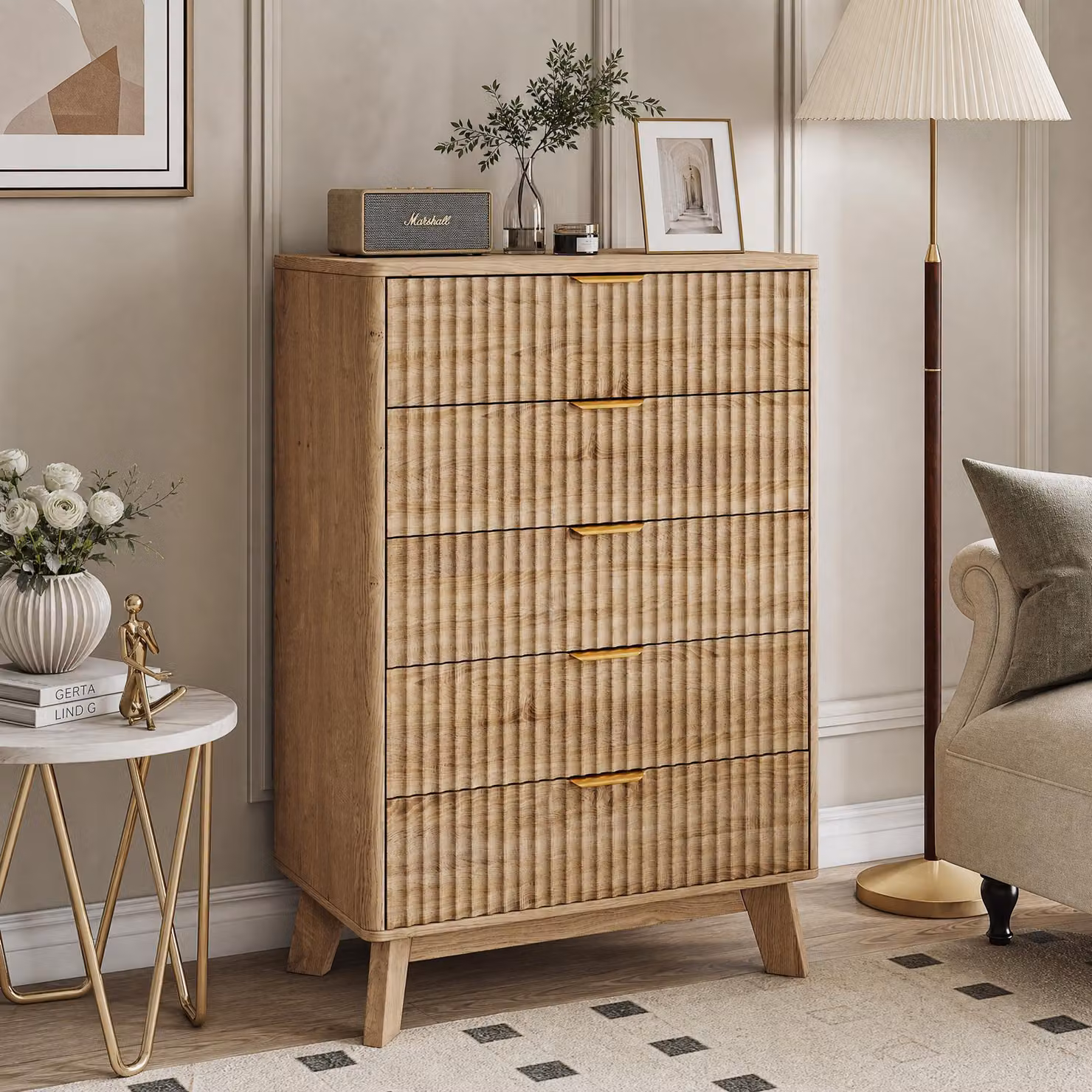 Comodino INONEFT con 5 cassetti, mobile contenitore in legno con gambe in legno massello e maniglie in metallo, mobiletto, armadietto, dimensioni 73x40x108 cm, colore legno